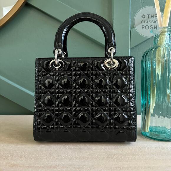 ❌SOLD❌ EUC Christian Dior Lady Patent Medium Black Silver Crossbody Bag 2017 - Picture 3 of 16